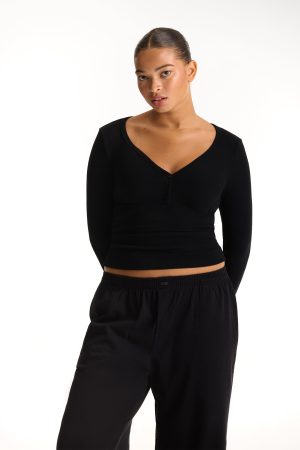 RIBBED MODAL BODY HENLEY - ONYX